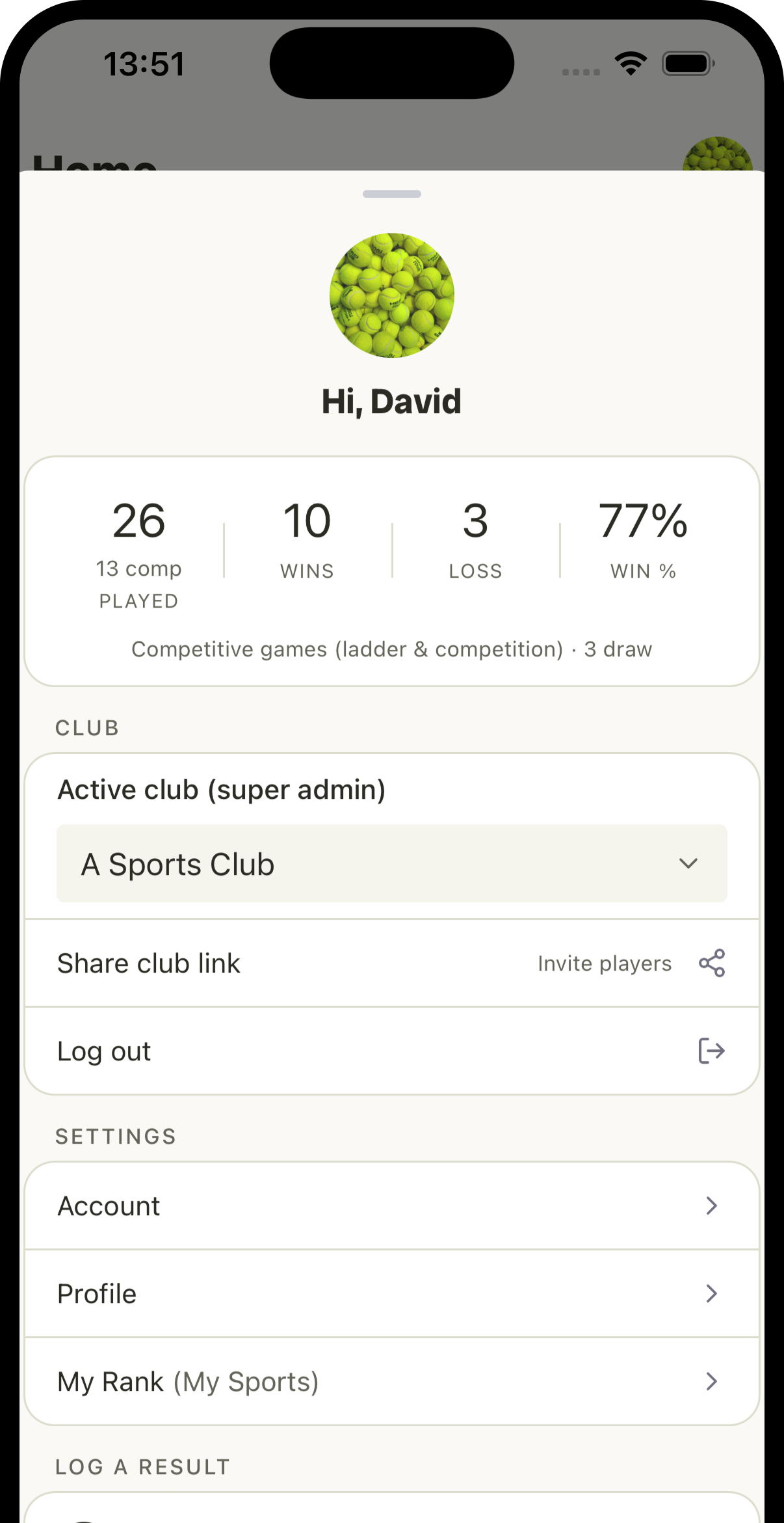 Rallio player profile — stats, recent results, and activity feed.